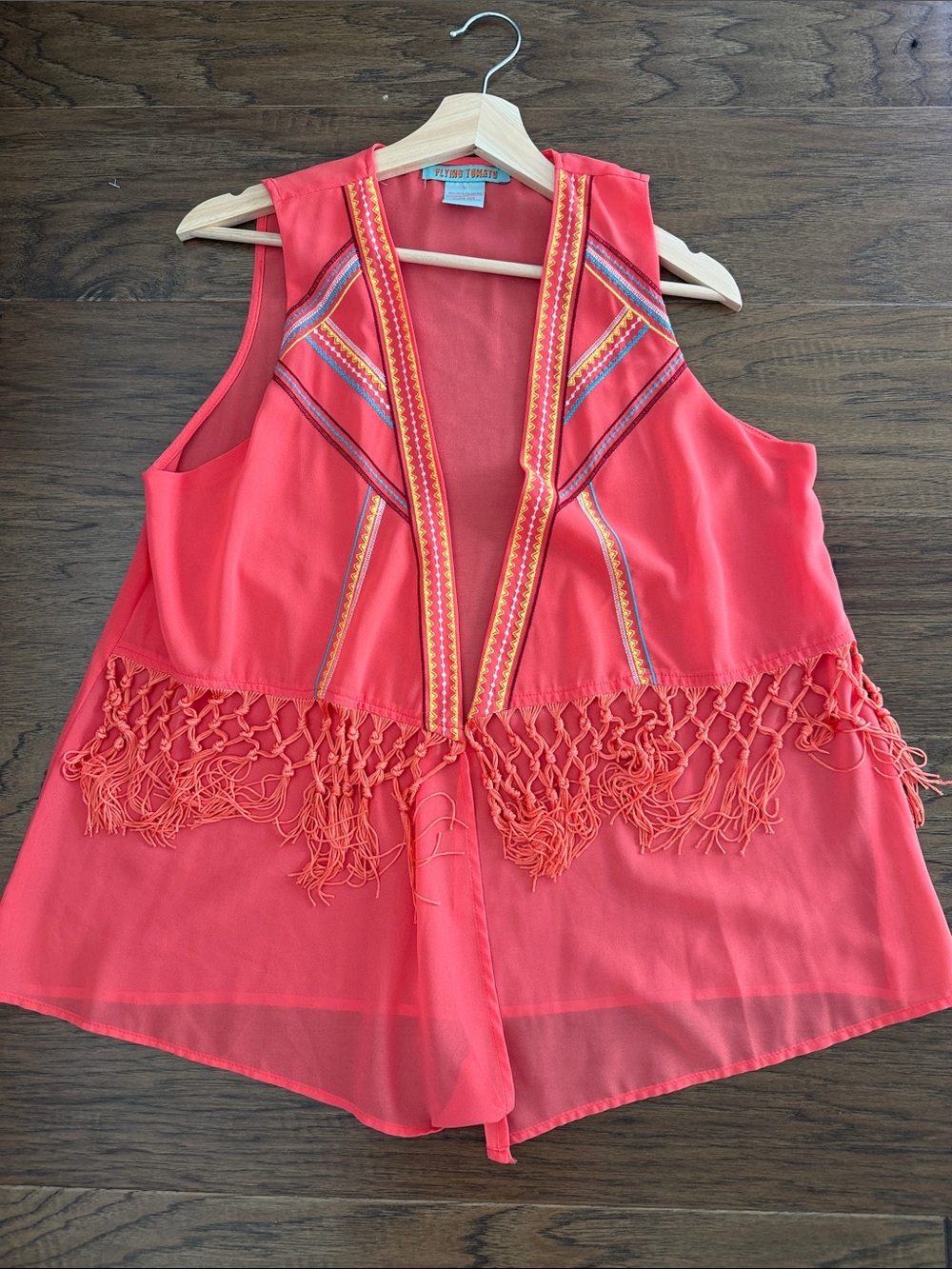 Flying Tomato Boho Coral Open Front sheer Vest Fringe Embroidered Geo Trim - Picture 2 of 9